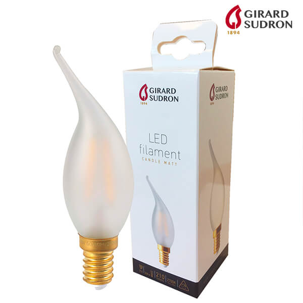 Ampoule LED à filament E14 2W flamme coup de vent Satinée Girard Sudron 
