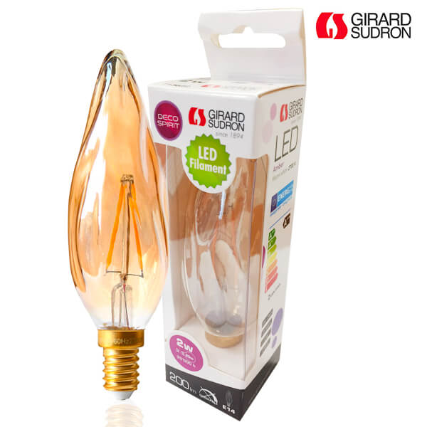 Ampoule LED à filament E14 2W flamme torche GS8 Ambrée Girard Sudron